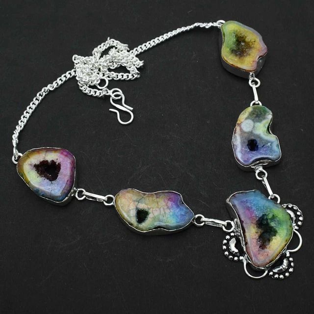 Collier Multi Solaire Quartz Grenat - Chaîne Réglable 18 Pouces, Plaqué Argent - Neuf