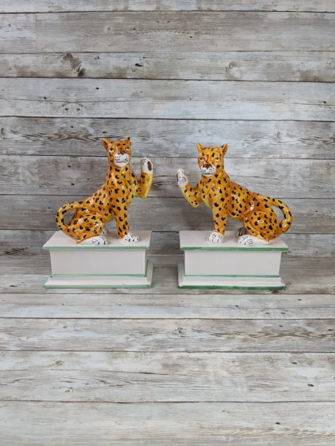 PAIR Vintage Eximious Italy Hand Painted Pottery Leopard Mantel Figures Bookends
