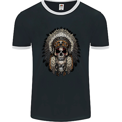 Native American Indian Skull Headdress Mens Ringer T-Shirt FotL