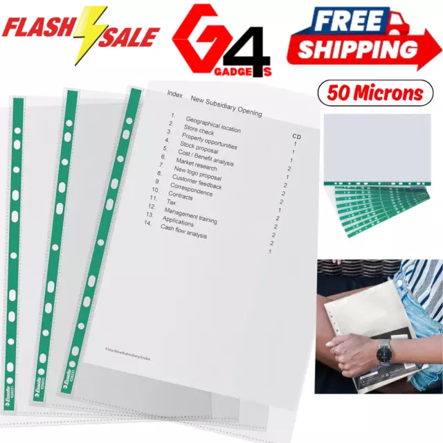 A4 50 Micron Clear Plastic Punched Pockets Filing Wallets Folders (50-500 Packs)