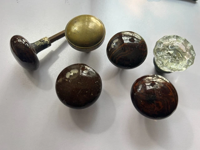 Lot Of Antique Door Knobs Glass, Brass And Brown Porcelain 