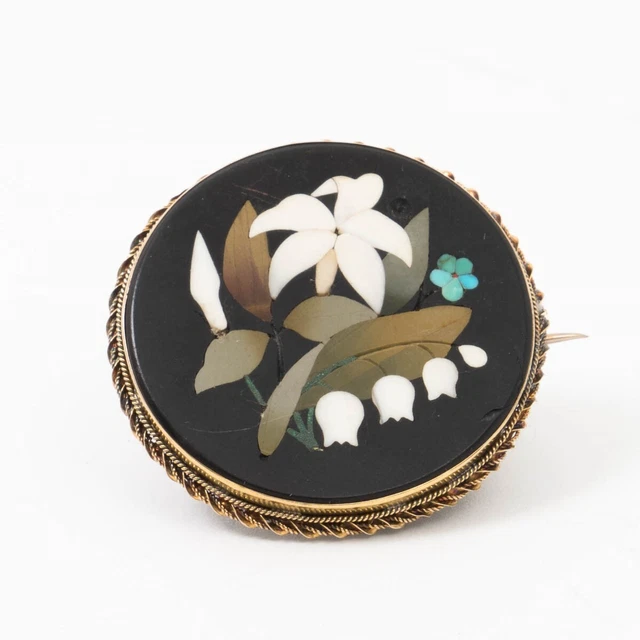 Antique Victorian Pietra Dura Italian Pin Brooch Inlaid Mosaic Flowers 14k Gold