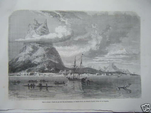 GRAVURE SUR BOIS 19ème RADE ET PIC DE L' ILE DE BORARA