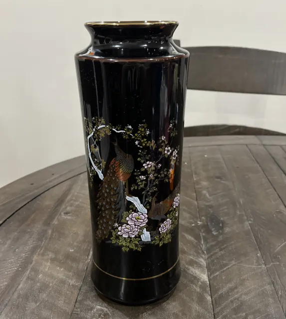 Peacock Japanese Vase Black with Gold Rim and Metallic Birds Flowers 12 Inches