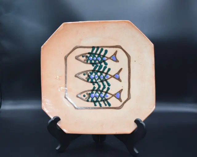 Handmade Vintage Studio Art Pottery Octagonal Fish Dish Plate Signed Katy