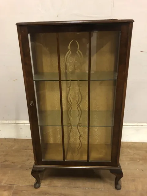 Vintage Walnut Veneered Gin  Cabinet Display Cabinet On Queen Anne Legs With Key