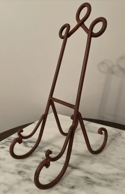 Wrought Iron Cookbook Stand Plate Stand Rust Color Scrolled 14.5” Tall