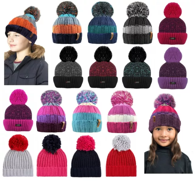 NEW Boys Girls Kids Thermal Insulated Winter Warm Bobble Hat Beanie Knitted Pom