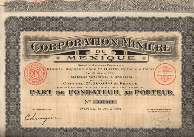 Action Corporation Minière du Mexique, de 1923 avec coupons,