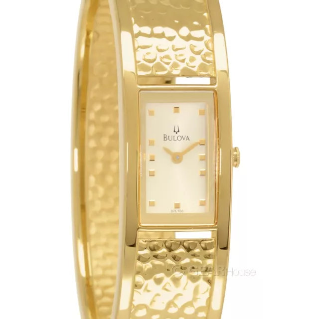 BULOVA Womens Bangle Cuff Watch, Rectangular Dial, Gold Hammered Finish Band