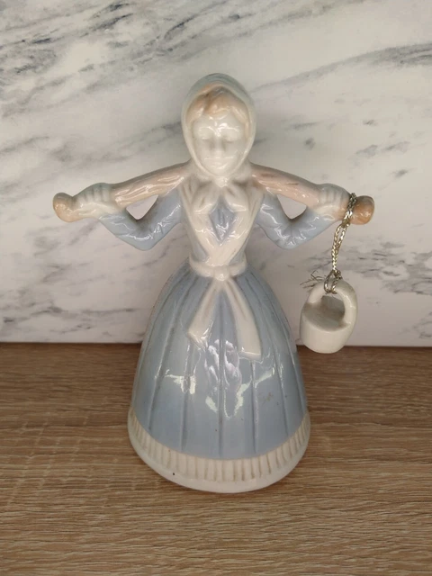Vintage Dutch Girl Dairy Maid Milkmaid Bell Figurine Blue White Pails Porcelain