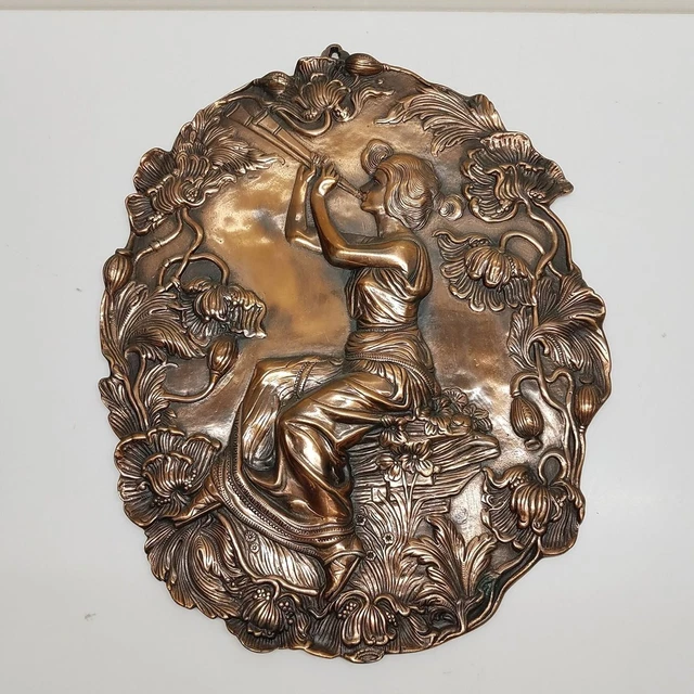 Coppertone Alloy Wall Hanging w/ Woman Playing Trumpet in Garden - 30 060623MJS