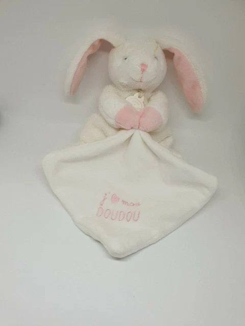 24 - Doudou Et Compagnie Lapin Mouchoir Blanc Rose J'aime Mon Doudou Coeur Neuf