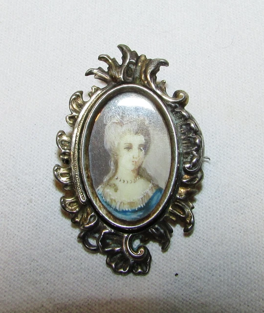 Broche Ancienne En Argent - Portrait Miniature Jeune Fille Fin 19ème, Très Bon état, Pièce Vintage