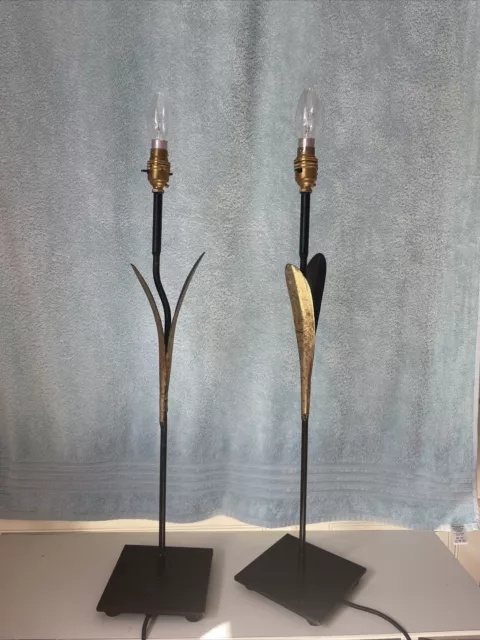 Pair Of Vintage Wrought Iron Black Metal / Gold Lamps Tall Long Elongated...