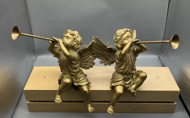 Pair of Gold Resin Trumpeting Sitting Angel Cherub w/Wings Sculpture Renaissance
