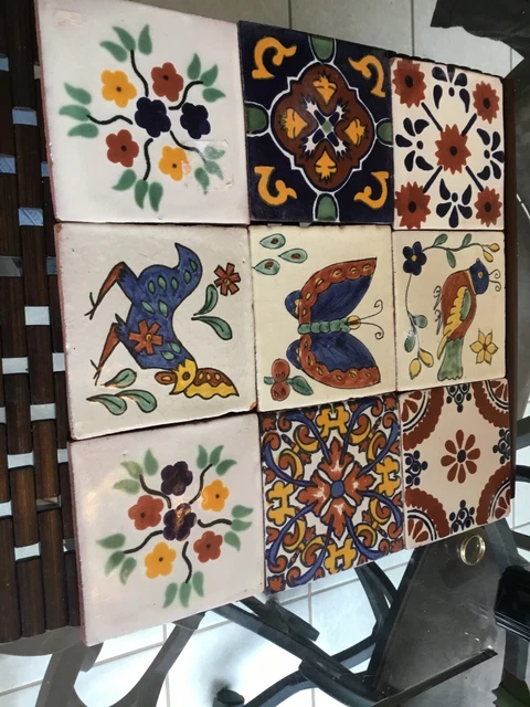 9(set) Vintage Hand Painted Folk Art Tiles Bird Flower Talavera Mex 4-1/4"Trivet