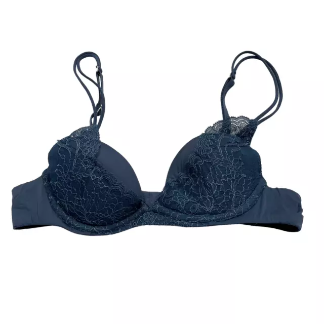 La Perla Size 32B Lace Padded Plunge Underwire Push-Up Demi Bra Dark Blue