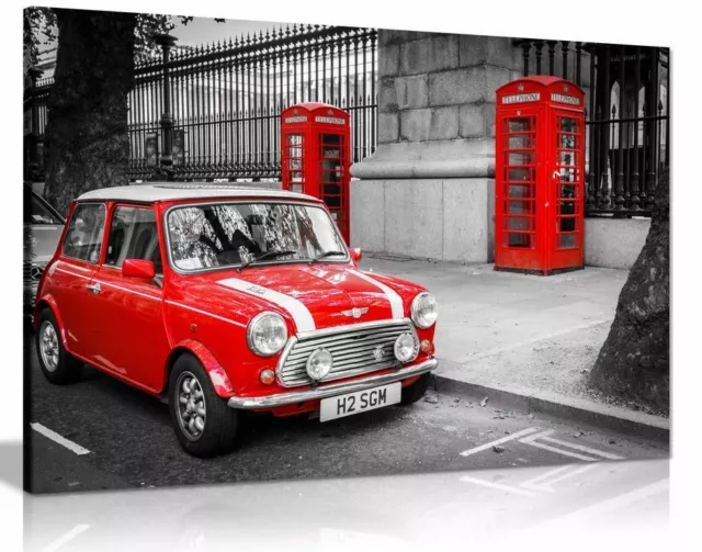 London Classic Mini Red Phonebox Black White Canvas Wall Art Picture Print