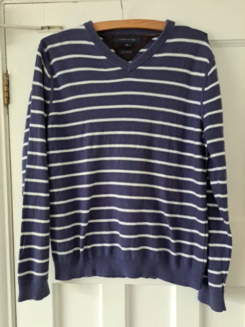 Maglione collo a V Tommy Hilfiger cotone cashmere blu a righe M molla