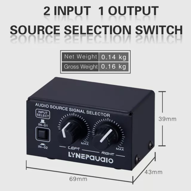 2 In 1 Out Audio Signal Selector Speaker Switcher Volume Adjust RCA  / 3.5mm