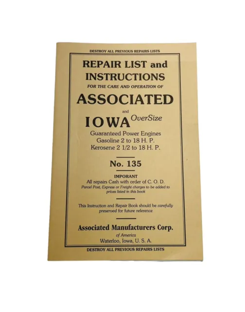 Associated & Iowa Oversize Repair List Instructions Gas Kerosene Engines