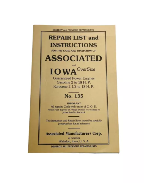 Associated & Iowa Oversize Repair List Instructions Gas Kerosene Engines