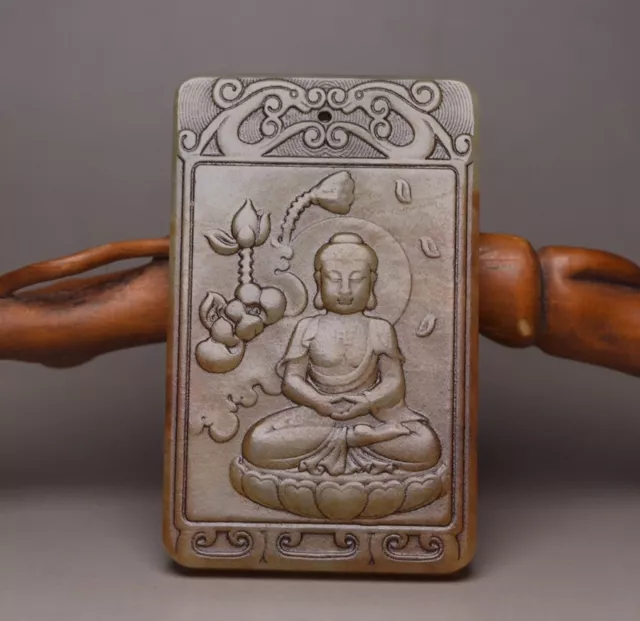 Chinese Old Natural Hotan Jade Carving Buddha Statue Amulets Pendant Jewelry Art