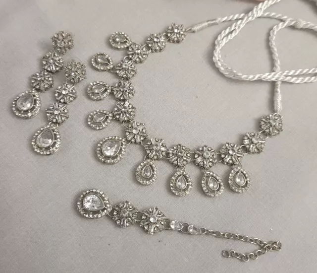 silver choker Necklace earring Tikka indian pakistani jewellery set Polki Kundan