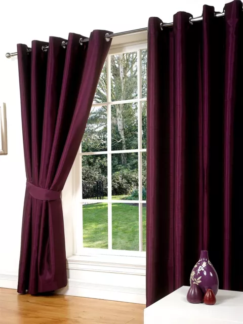 Aubergine Purple Faux Silk Slubbed Eyelet, Ring Top, Pair Curtains Inc Tiebacks