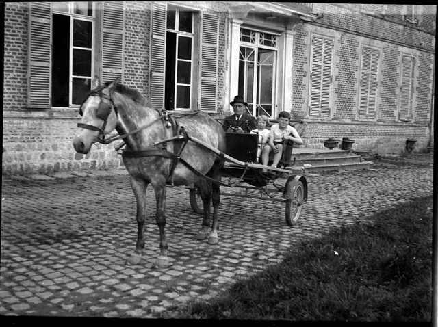 Man & Child Castle Horse Cart - Antique Photo Negative Year 1930