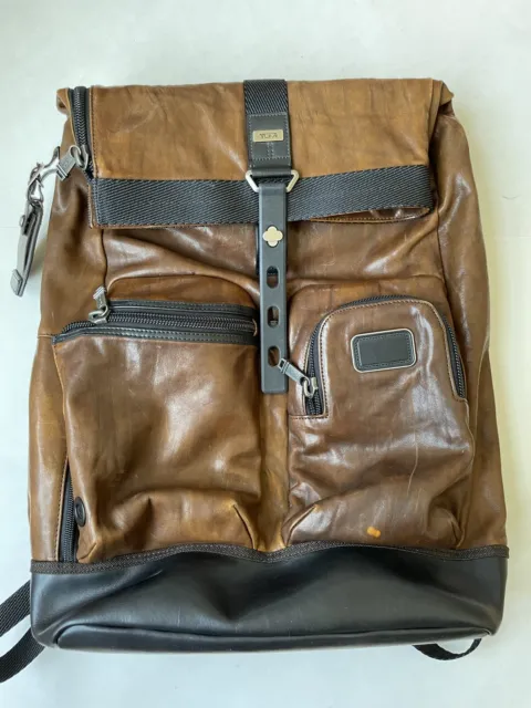 TUMI Alpha Bravo KNOX Rolltop Distressed Leather Backpack Brown 92388DB2 $800