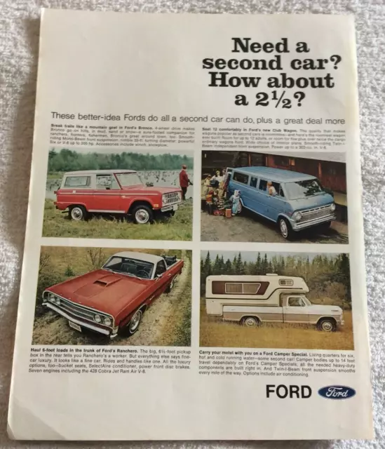 Ford Bronco Club Wagon Ranchero Camper Special Car Vintage Print Ad 1969