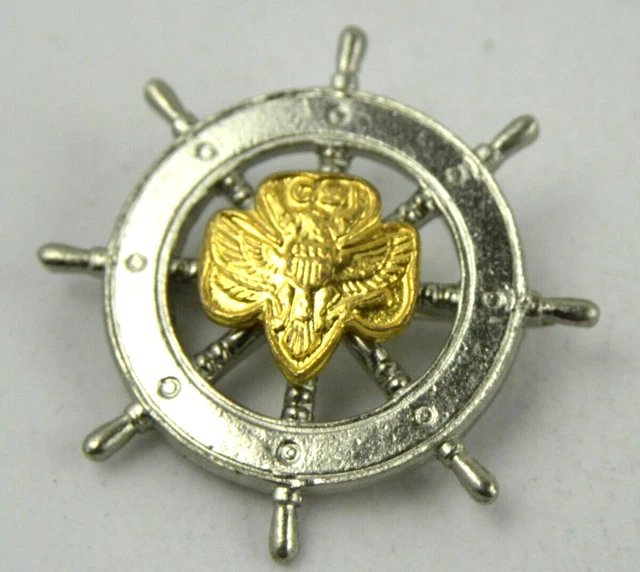 VINTAGE GIRL SCOUTS Mariner Pin Ship Captains Wheel Trefoil Two Tone