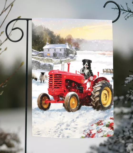 Toland Tractor Dog 12x18 Cute Farm Country Winter Snow Puppy Garden Flag