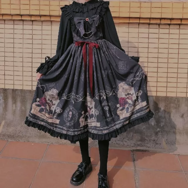 Mädchen Gothic Lolita Kleid Cosplay Kostüm Kawaii Rüsche Slip Langärmlig Schwarz