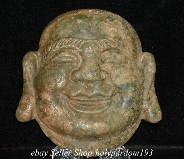 8" Old Chinese Hongshan Culture Jade Carved Happy Laugh Maitreya Buddha Mask MJ