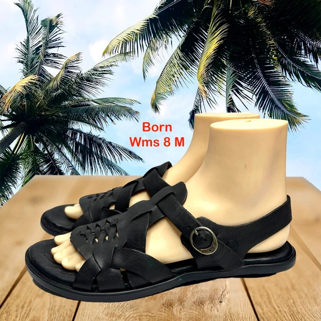 Born Womens Black Leather Open Toe Fisherman Slingback Flat Sandal Size 8M