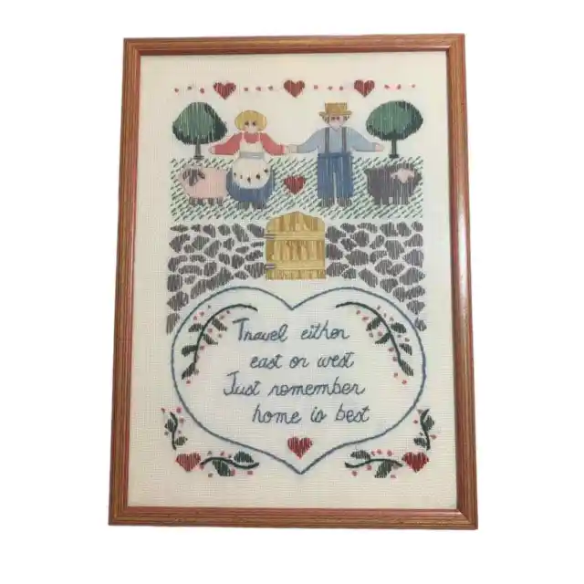 Vtg Framed Sampler Needlepoint Just Remember Home Is Best Granny Grandma Core