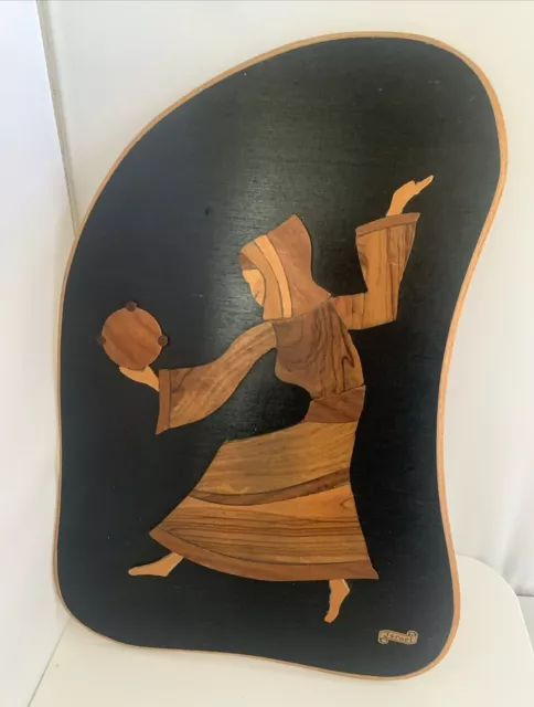 MCM Beautiful Women Dancing Art Wood Inlay Carved Appliqué Handmade Israel