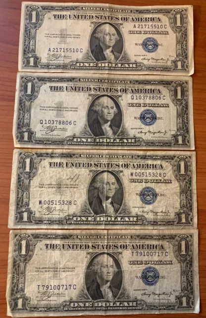 Lot of 4 - 1935-A $1Dollar Blue Seal Silver Certificate - 1 slight faulty align