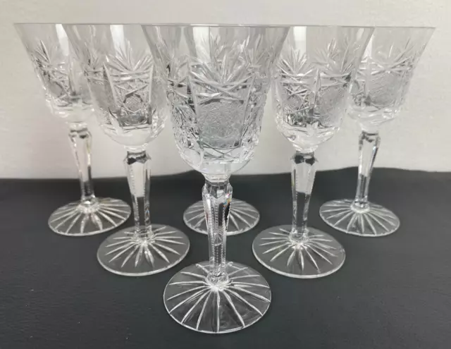 Set of 6 Beautiful Czech Bohemian Liquor or Brandy Clear Cut Crystal Glasses