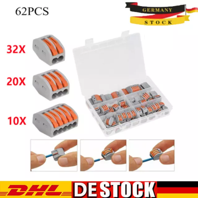 62Tlg Klemmen Für Wago Klemmen 222 Serie Verbindungsklemmen Dosenklemmen Set DE