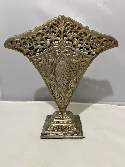 Vintage Art Nouveau Ornate Filigree Gold Metal Brass Fan India Vase 8-3/4" Tall