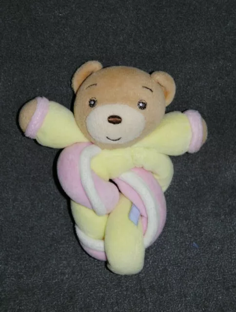 Peluche Doudou Ours Rose KALOO 2005 Torsade Jaune Pâle Grelot 15 Cm TTBE