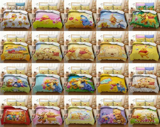 2Pcs Kids Bed Set Winnie Pooh Quilt Doona Duvet Cover Single Double Queen Size
