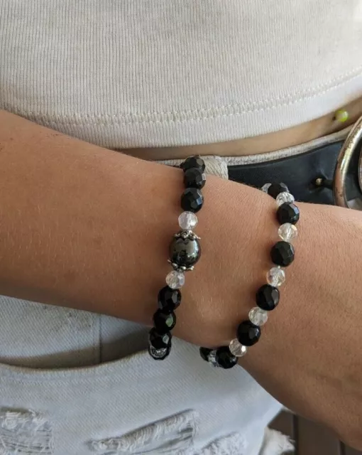 Bracelet Faceted Black Glass & Crystal on Elastic Cord