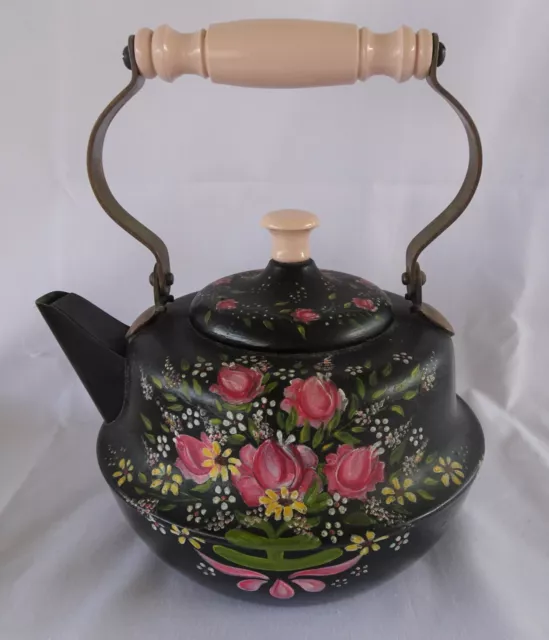 Vintage Shabby Chic Pink Rose Hand Painted Copper Teapot