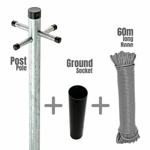2.6m Heavy Duty Washing Line Post Pole - Clothes Support With Socket & 60m Line