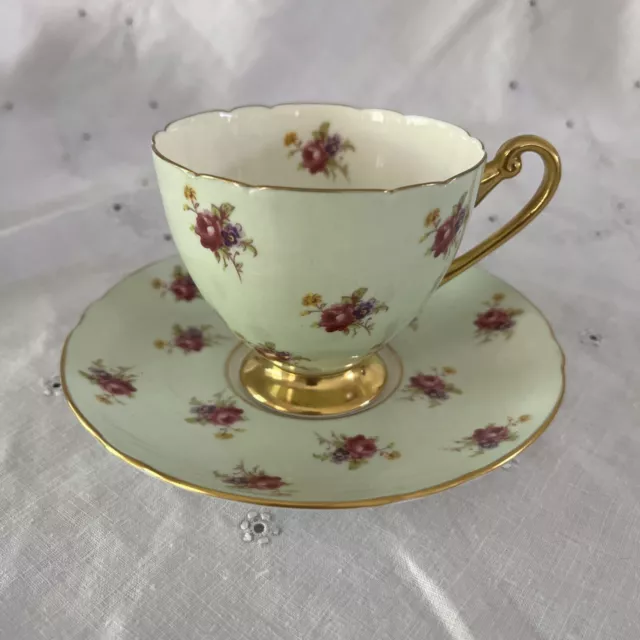 Vintage Shelley Small Hulmes Rose Pale Green Gilded Teacup and Saucer